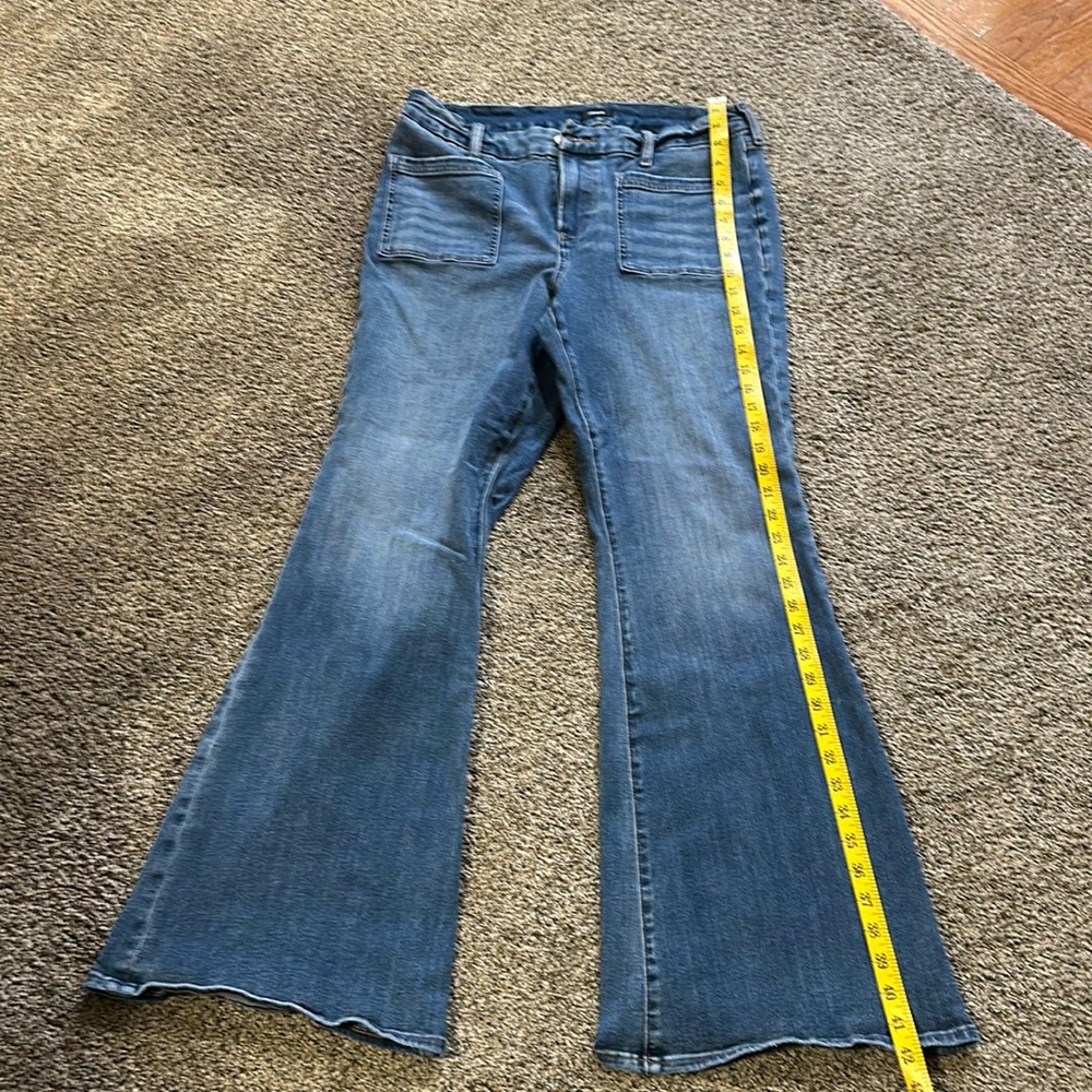 Express 70’s flare mid rise ultra hyper stretch blue jeans size L 12 14 16